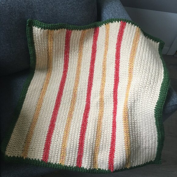 Hand Crocheted Square Cream Yellow Red Green Striped Mat Rug - Picture 5 of 16